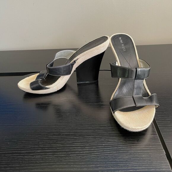 Nine West WNCOBALT Vintage Linen and Leather Upper Slide On Heeled Sandal, 10 - Picture 3 of 16